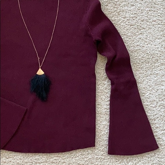 Wine Color Flare Sleeve Ribbed Knit Top - Picture 6 of 8